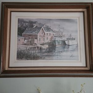 Framed Coastal Harbor Print in Muted Blue and Brown